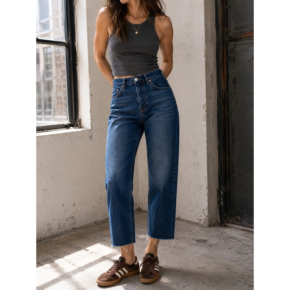 Levi's Premium Ribcage Straight Ankle High Rise Raw Hem Jeans Dark Wash 28